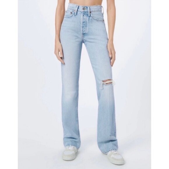 Re/Done Denim 70s Bootcut Button Fly High Rise Light Wash Distressed Jeans 24 - Picture 1 of 11